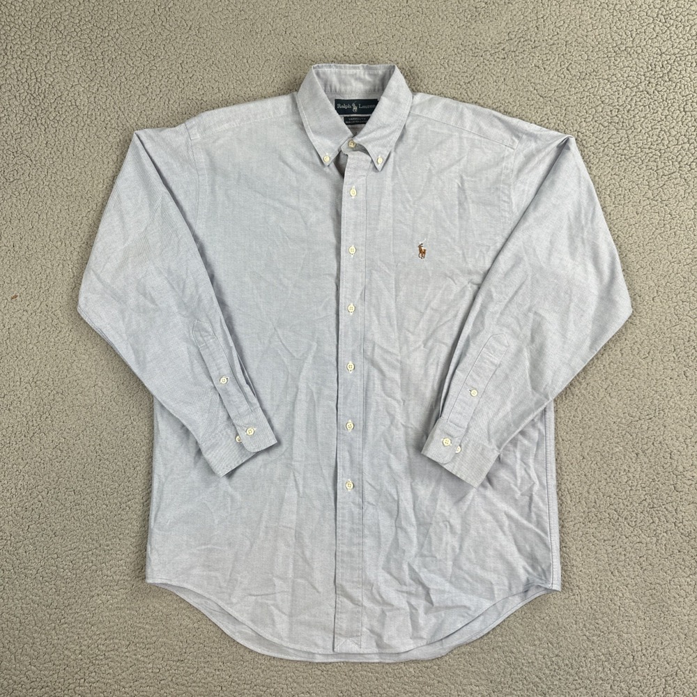 VTG Ralph Lauren Chambray Button Down Shirt Men 15 1/2 32-33 Blue Flesh Pony